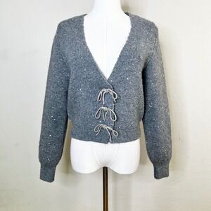Maeve Anthropologie Grey Sequin Bow Front Cardigan Sweater Size Medium NEW‎
